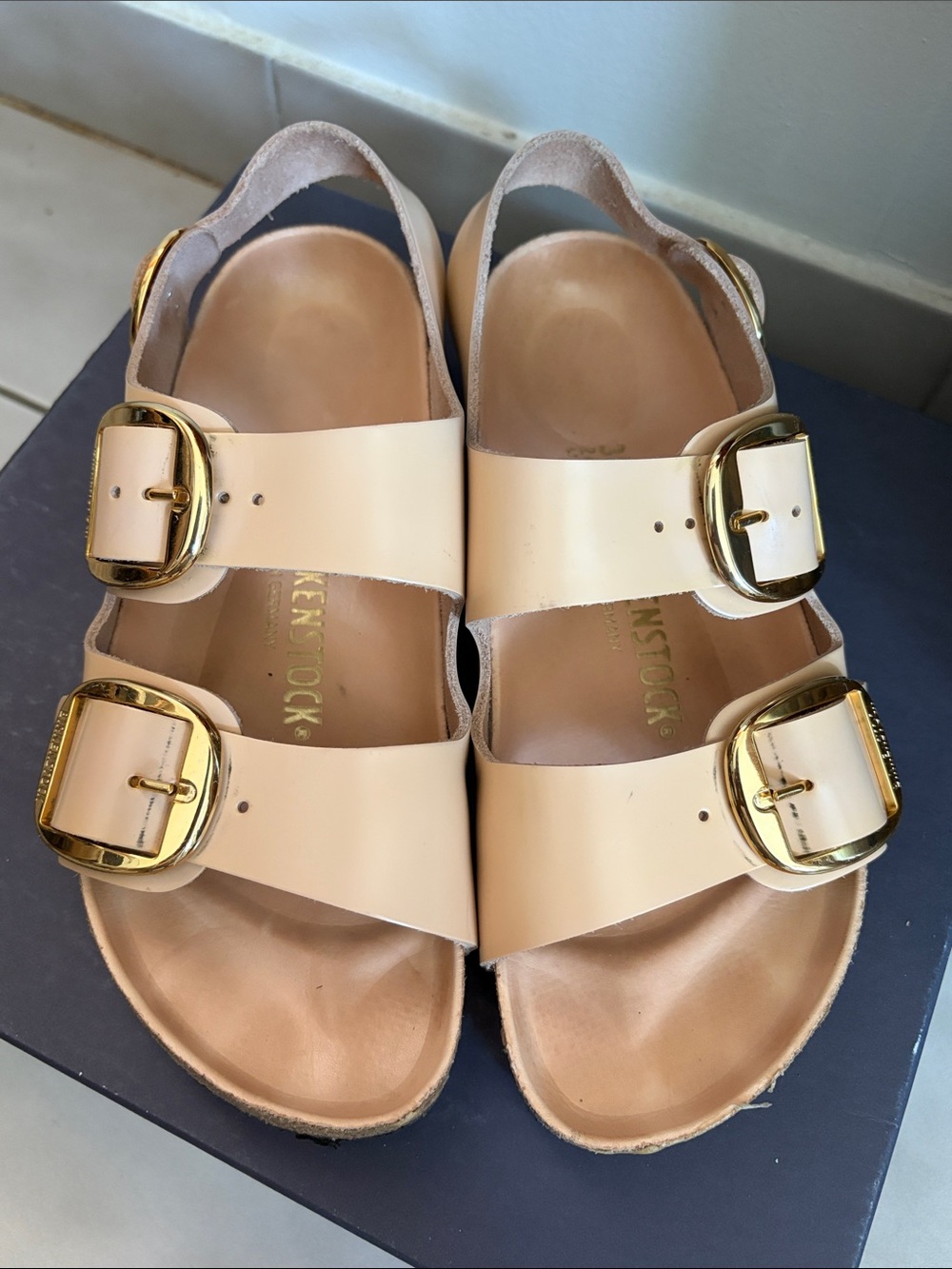 Birkenstock Double-Buckle Sandals in Nude with Gold Hardware